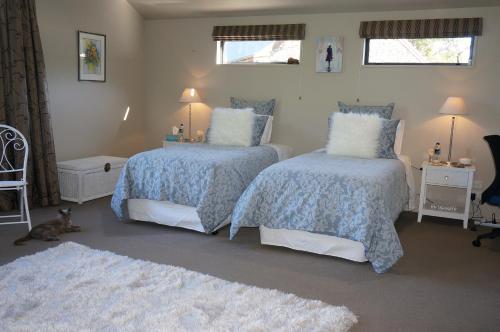 a bedroom with two beds and a cat sitting on a rug at Haven Suite Luxury 5 Star in Queenstown
