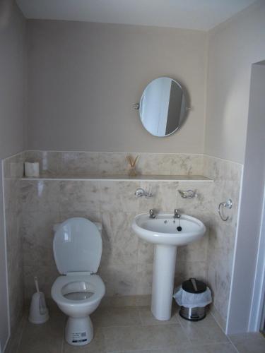 a bathroom with a toilet and a sink and a mirror at Al Forno Restaurant & Inn in Norwich
