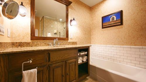 uma casa de banho com um lavatório, uma banheira e um espelho. em Best Western Premier Mariemont Inn em Cincinnati