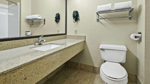 a bathroom with a toilet and a sink and a mirror at Best Western San Marcos in San Marcos