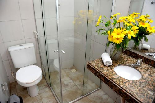 a bathroom with a toilet and a glass shower at Recanto do Rei Chalés in São Miguel do Gostoso