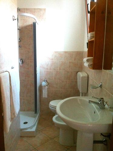 a bathroom with a sink and a toilet and a shower at B&b Sa Domo in San Teodoro