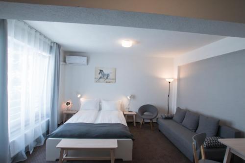 a hotel room with a bed and a couch at Victoriei City Studios in Bucharest