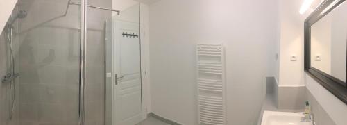 W łazience znajduje się szklana kabina prysznicowa i umywalka. w obiekcie Les Terrasses De Chaumont 1 w mieście Montsoreau