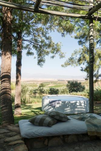 a bed under a pergola next to a tree at Kleinkloof Farm in Piketberg
