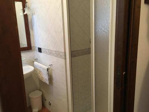 a bathroom with a shower and a toilet and a sink at Appartamenti e Camere Il Poggio di D'Angeli Lidia in Auditore