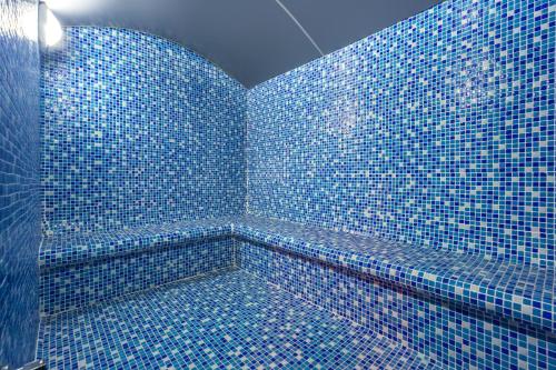 アランヤにあるLonicera City Hotelの青いタイル張りのバスルーム(青いタイル張りのシャワー付)
