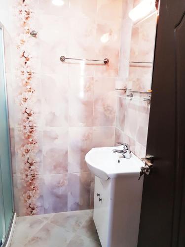 a bathroom with a toilet and a sink and a shower at Guesthouse River House in Svilengrad