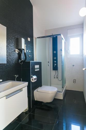 a bathroom with a shower and a toilet and a sink at Villa Antonio in Novalja