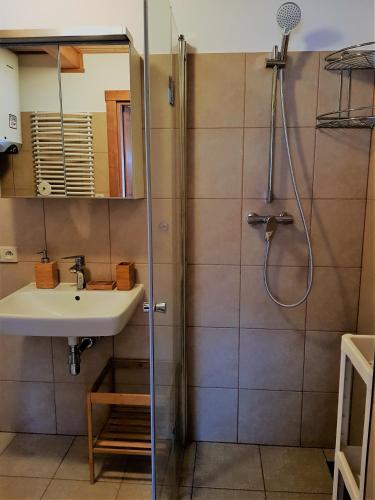a bathroom with a sink and a shower at Szumimorze in Rusinowo