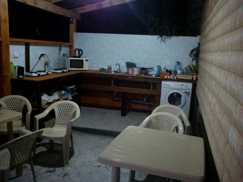 kuchnia ze stołem i krzesłami oraz pralką w obiekcie Guest House on Sovhoznaya w mieście Gagra