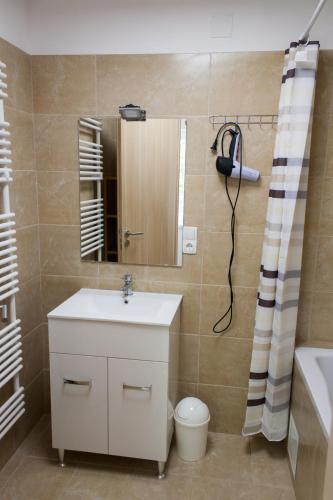 a bathroom with a sink and a mirror and a shower at Haus Bierherr in Mariazell