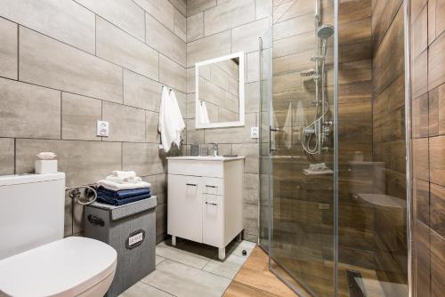 uma casa de banho com um chuveiro, um WC e um lavatório. em Stylowy apartament em Katowice