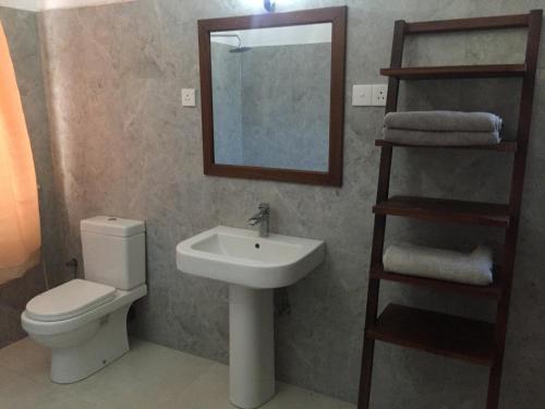 a bathroom with a sink and a toilet and a mirror at Rice Field View Home Stay in Tangalle