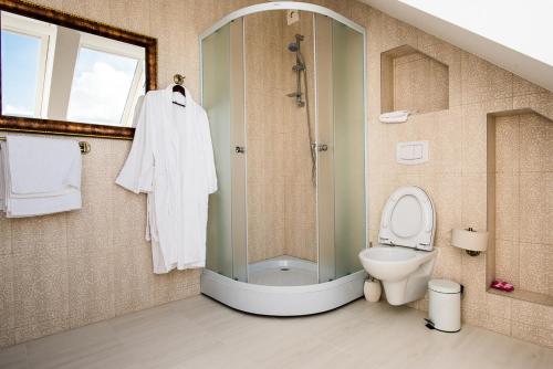 a bathroom with a shower and a toilet at Prie Žiedo in Trakai