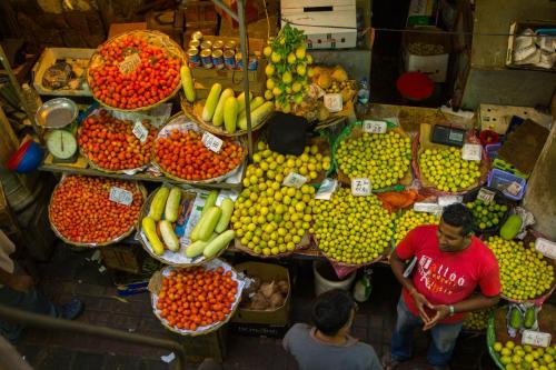 an overhead view of a market with fruits and vegetables at La Margarita in Pointe aux Piments