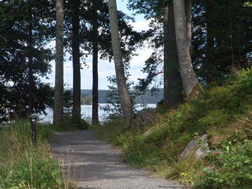 a path through a forest next to a body of water at Stiftsgården Vårdnäs Hotell in Brokind