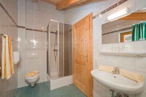 a bathroom with a sink and a shower and a toilet at Kräuterpension Rosenkranz in Rangersdorf