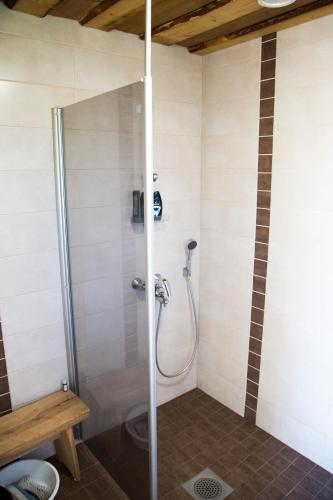 a shower with a glass door in a bathroom at Rauhanlaakson Jokimökit in Merikarvia