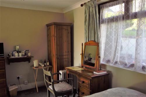 LlanedyにあるPlas Newydd Farmのベッドルーム(デスク、鏡、窓付)