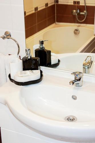 a bathroom sink with two cameras on top of it at Apartment Victory Second in Pomorie