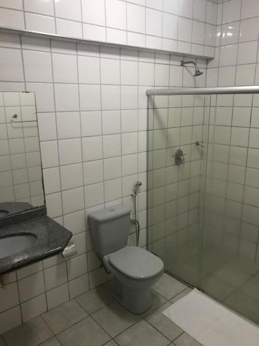 a bathroom with a toilet and a sink and a shower at Hotel Gemeos in São Mateus