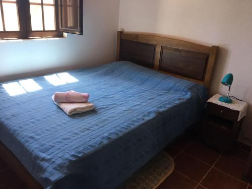 セルカルにあるQuinta da Canastreiraのベッドルーム1室(ピンクの枕が付いた青いベッド1台付)
