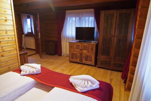 a room with a bed and a tv in a room at Honor Villa in Izvoare
