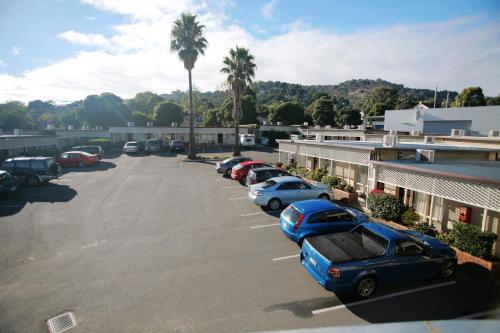 a parking lot with parked cars and palm trees at Jacksons Motor Inn in Adelaide