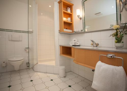 a bathroom with a shower toilet and a sink at Hotel Rech in Brilon