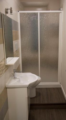 a bathroom with a sink and a glass shower at B&B Armonia in Montecosaro