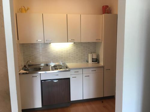 a small kitchen with white cabinets and a sink at Apartments Urschitz in Drobollach am Faaker See