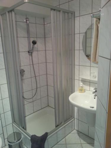 a bathroom with a shower and a sink at Gästehaus Im Tal 18 in Hellenthal