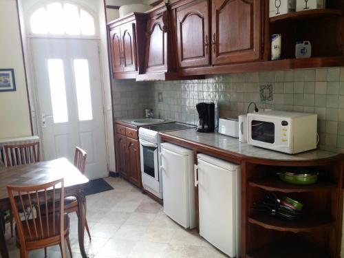 - une cuisine avec un comptoir, un four micro-ondes et une table dans l'établissement Meublé Tourisme, à Marseille