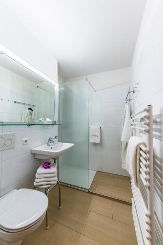 a bathroom with a sink and a toilet and a shower at Hotel Rottaler Hof in Bad Birnbach