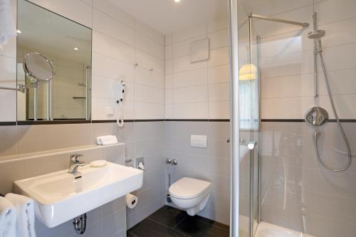 a bathroom with a toilet and a sink and a shower at Hotel Stadt Hannover in Göttingen
