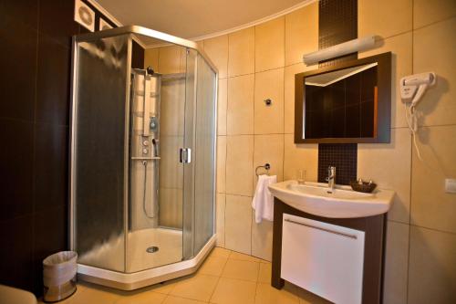a bathroom with a shower and a sink at Elizium Park Hotel in Koblevo
