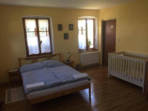 Božanov的住宿－Rekreační dům u Marušky，一间卧室设有一张床、两个窗户和一张婴儿床
