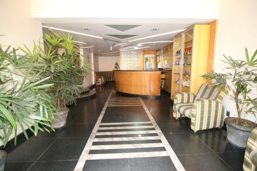 a lobby with chairs and potted plants on the floor at Hotel Presidente Ipatinga in Ipatinga