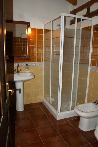 a bathroom with a sink and a shower and a toilet at Don Baldomero Hotel Rural in Cadiñanos