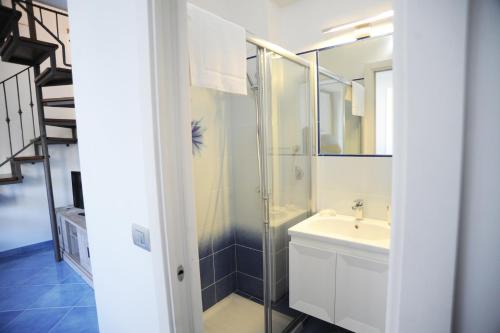 La salle de bains est pourvue d'un lavabo et d'une douche en verre. dans l'établissement A due passi dalla costiera, à Agerola