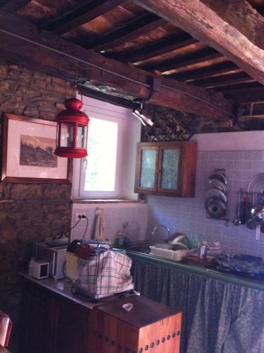 ジェンマーノにあるAntico mulino Gemmanoのキッチン(緑のカウンター、窓付)