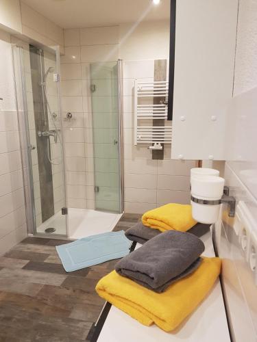 a bathroom with a shower and towels on a counter at Ferienhaus Waldblick in Sangerhausen