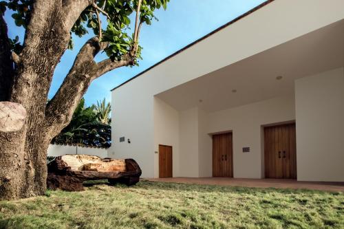 an external view of a house with a tree at Hotel Doña Manuela in Mompos