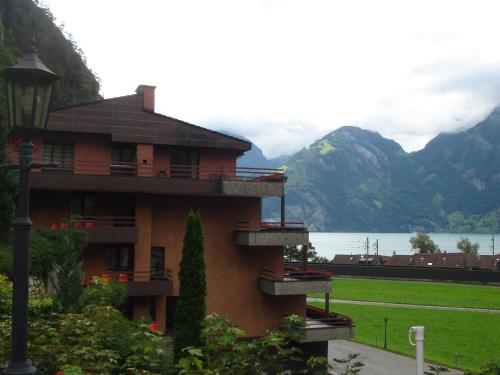 a building with a view of a lake and mountains at Hotel Eden Sisikon in Sisikon