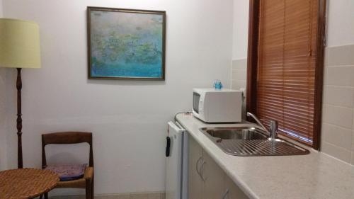 a kitchen with a sink and a microwave at Sonja's Bed and Breakfast in Lightning Ridge