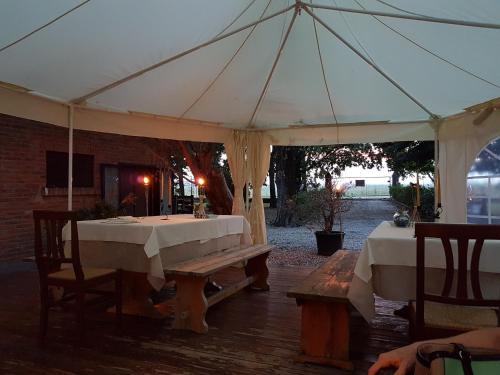 a white tent with a table and benches under it at Corte Dossello in Migliaro