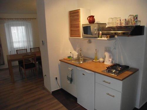 una pequeña cocina con fregadero y microondas en Apartments Dobrinj en Dobrinj