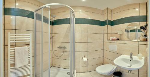a bathroom with a shower and a toilet and a sink at Hotel Zur alten Stadtkellerei Leipzig in Leipzig