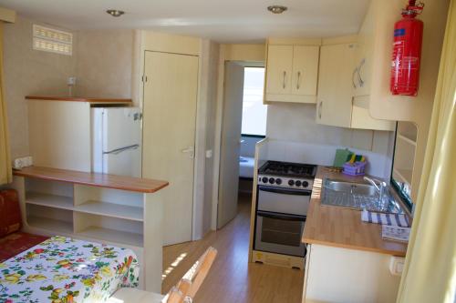 a small kitchen with a sink and a refrigerator at Camping Ermosa in Posada